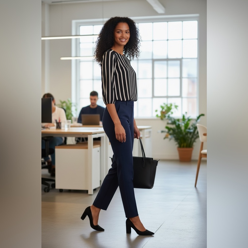 Adrianna Papell Black and White Striped Long-Sleeve Blouse - Picture 2 of 7